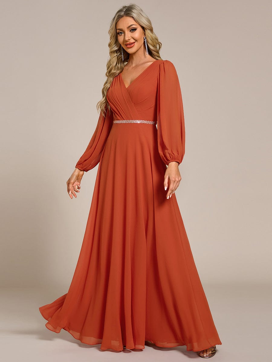 Pleated Double V-Neck Long Sleeves Shiny Belt Chiffon Evening Dress #color_Burnt Orange