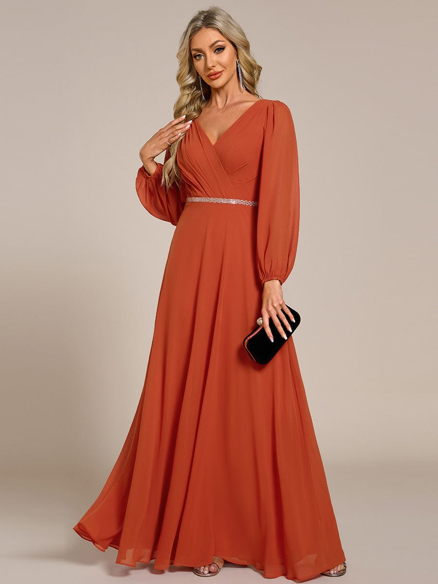 Pleated Double V-Neck Long Sleeves Shiny Belt Chiffon Evening Dress #color_Burnt Orange