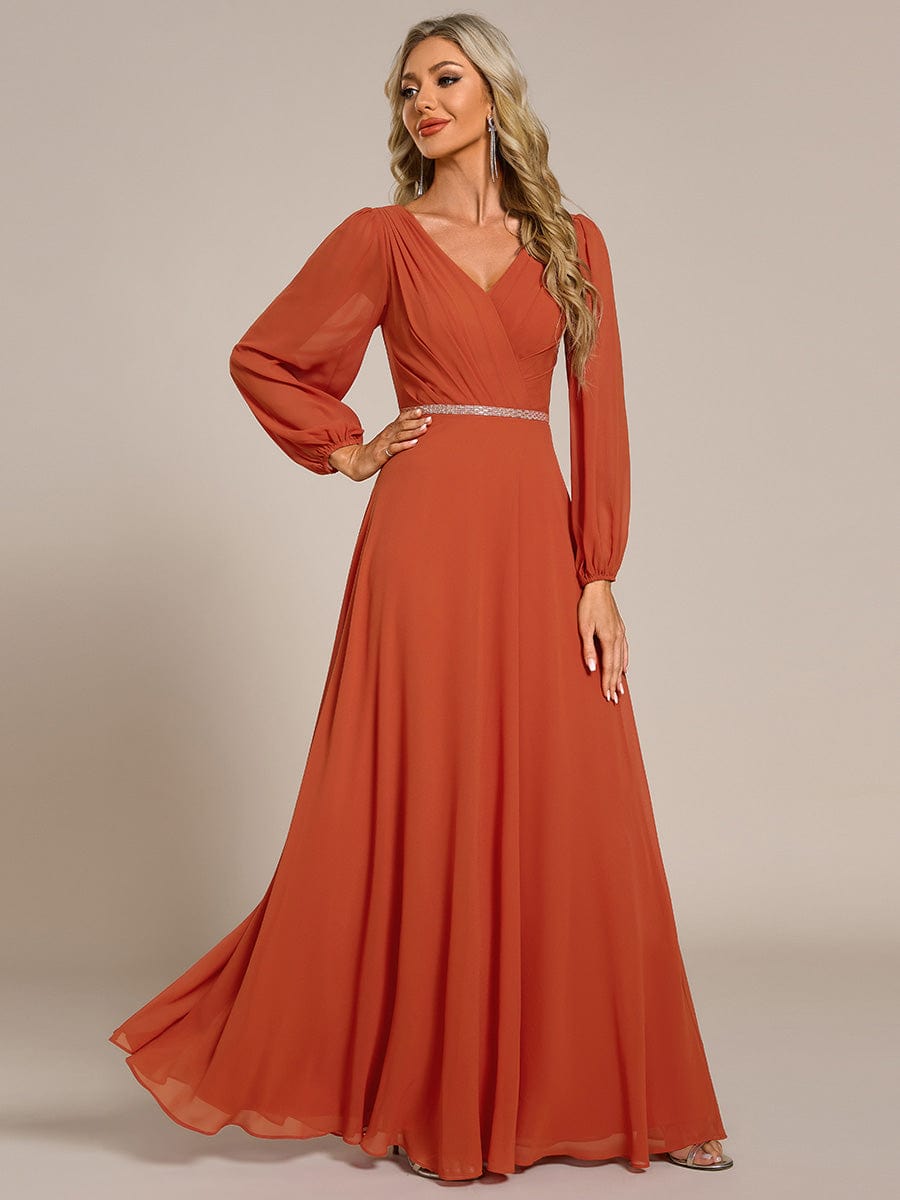 Pleated Double V-Neck Long Sleeves Shiny Belt Chiffon Evening Dress #color_Burnt Orange