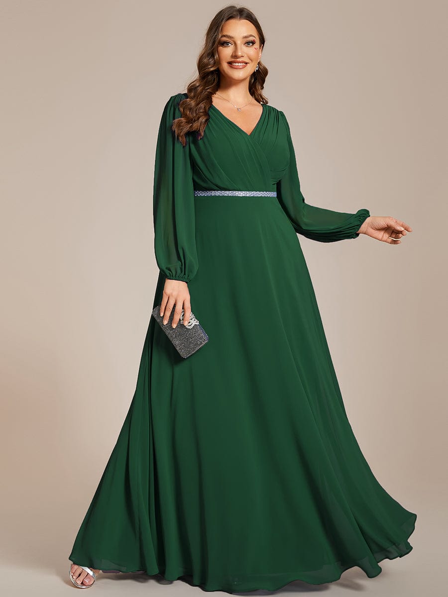 Pleated Double V-Neck Long Sleeves Shiny Belt Chiffon Evening Dress #color_Dark Green