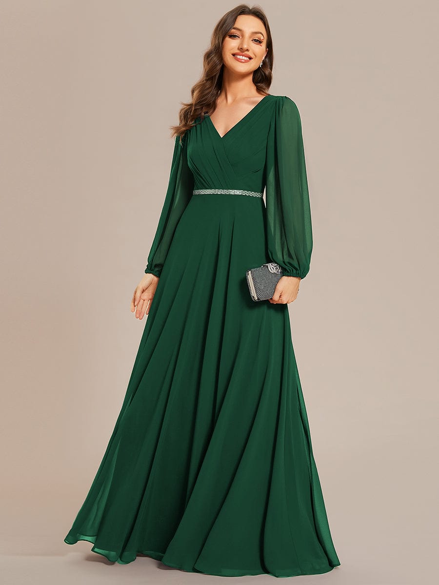 Pleated Double V-Neck Long Sleeves Shiny Belt Chiffon Evening Dress #color_Dark Green