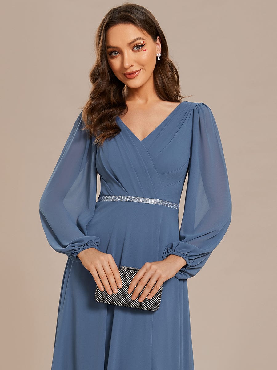 Pleated Double V-Neck Long Sleeves Shiny Belt Chiffon Evening Dress #color_Dusty Blue