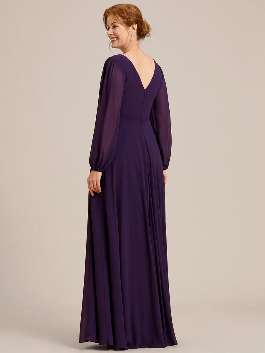 Pleated Double V-Neck Long Sleeves Shiny Belt Chiffon Evening Dress #color_Dark Purple