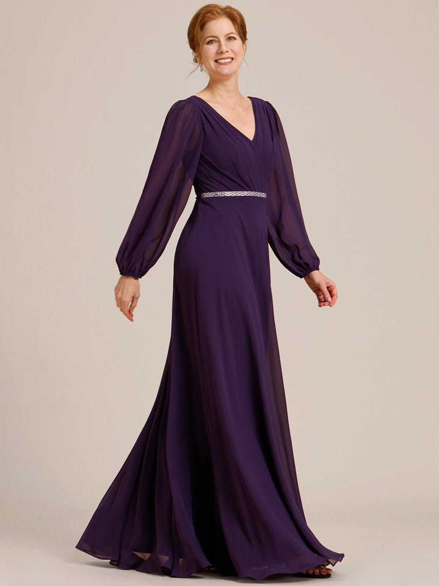 Pleated Double V-Neck Long Sleeves Shiny Belt Chiffon Evening Dress #color_Dark Purple