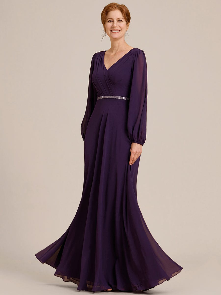 Pleated Double V-Neck Long Sleeves Shiny Belt Chiffon Evening Dress #color_Dark Purple