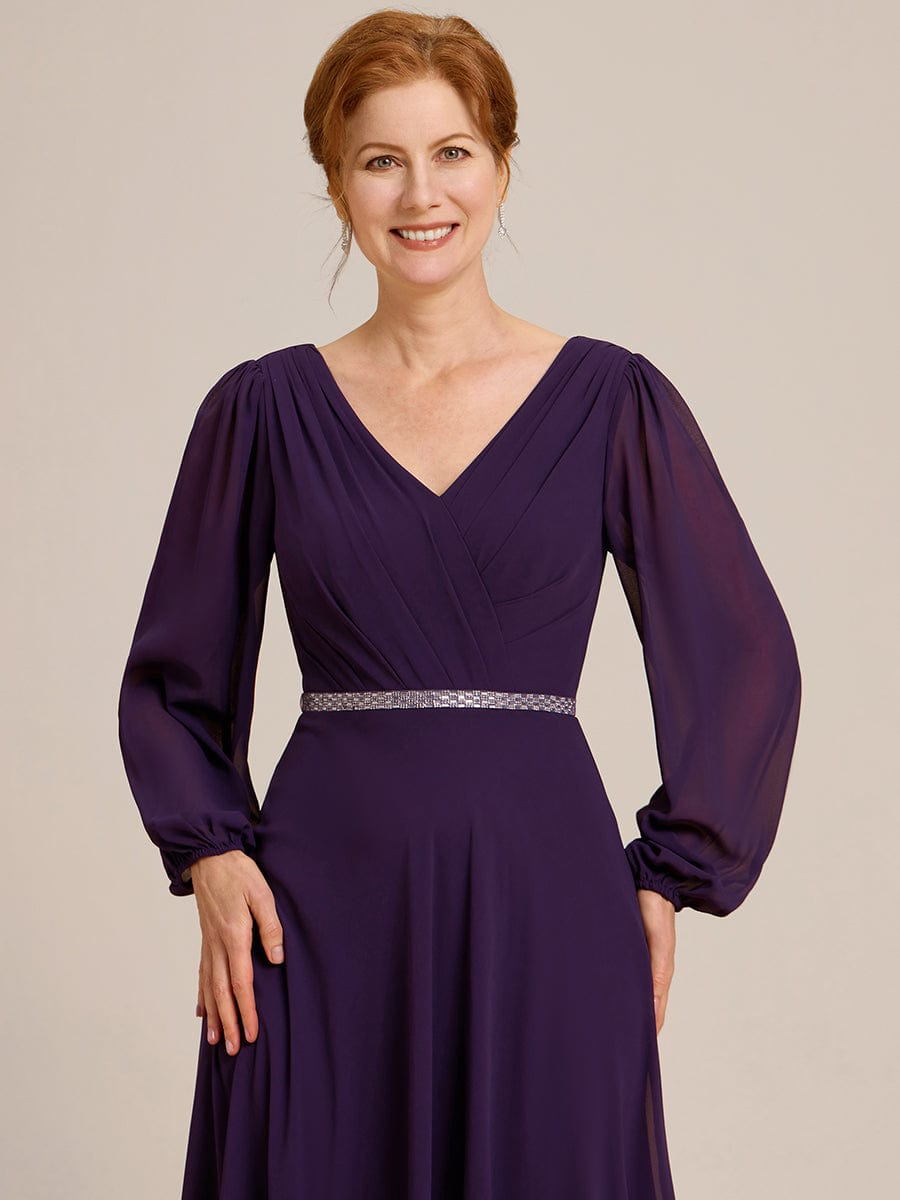 Pleated Double V-Neck Long Sleeves Shiny Belt Chiffon Evening Dress #color_Dark Purple