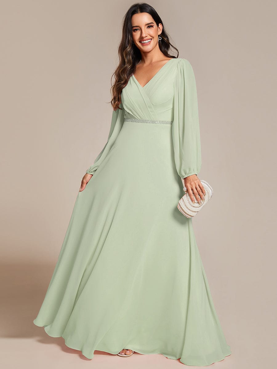 Pleated Double V-Neck Long Sleeves Shiny Belt Chiffon Evening Dress #color_Mint Green