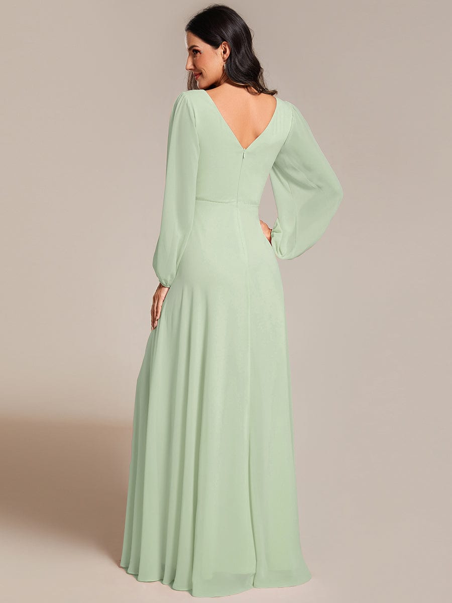 Pleated Double V-Neck Long Sleeves Shiny Belt Chiffon Evening Dress #color_Mint Green