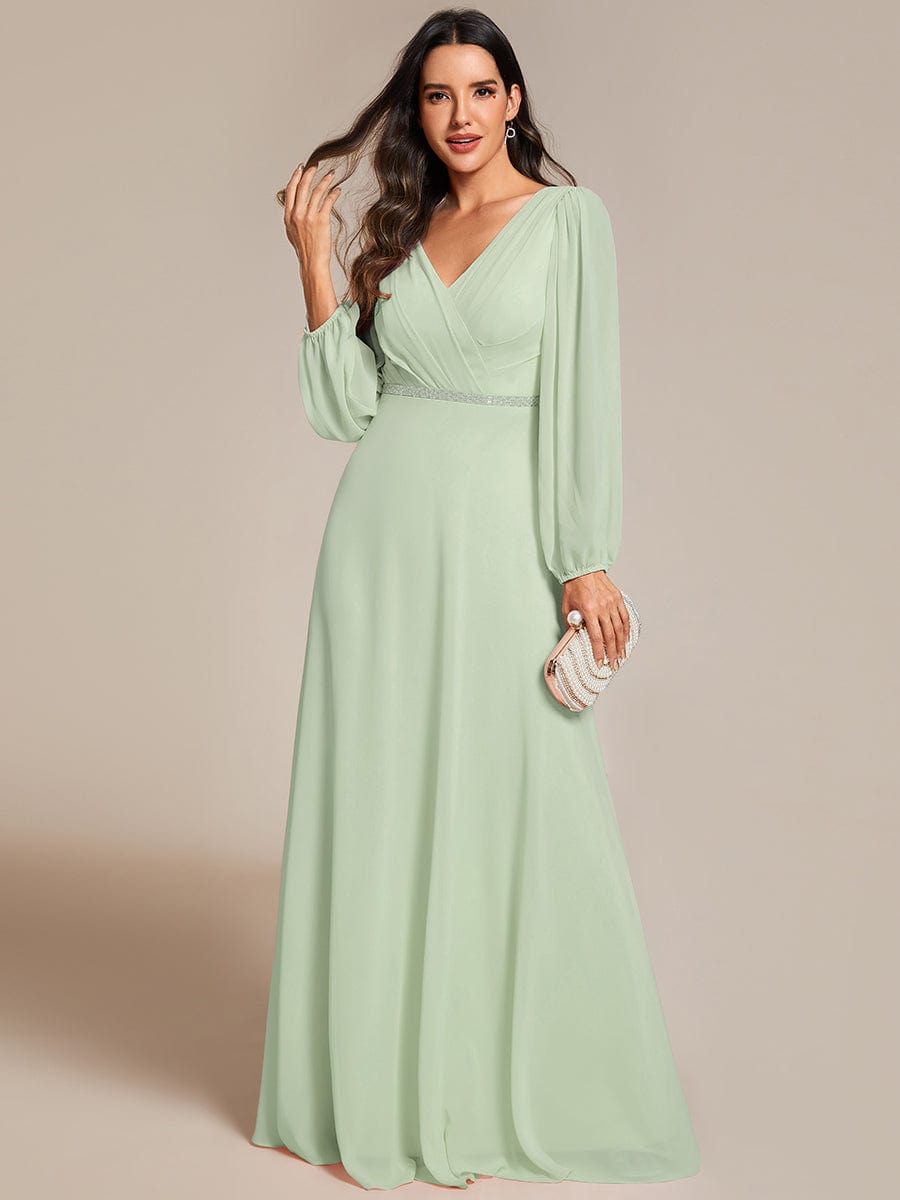 Pleated Double V-Neck Long Sleeves Shiny Belt Chiffon Evening Dress #color_Mint Green