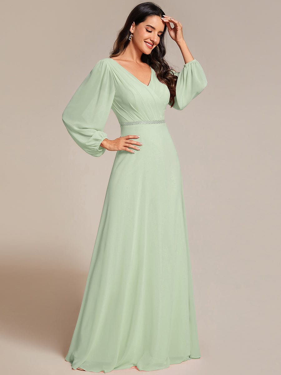 Pleated Double V-Neck Long Sleeves Shiny Belt Chiffon Evening Dress #color_Mint Green