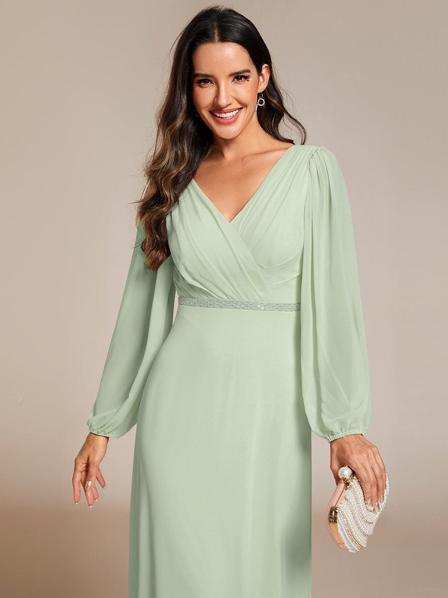 Pleated Double V-Neck Long Sleeves Shiny Belt Chiffon Evening Dress #color_Mint Green