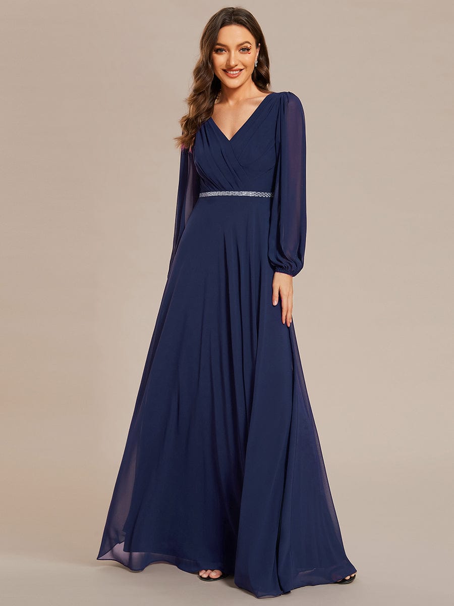 Pleated Double V-Neck Long Sleeves Shiny Belt Chiffon Evening Dress #color_Navy Blue