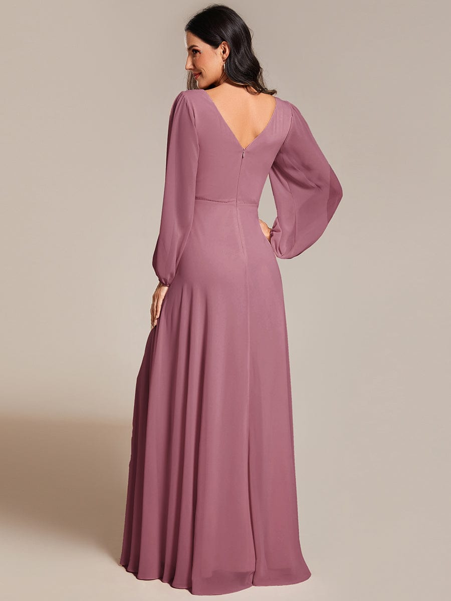 Pleated Double V-Neck Long Sleeves Shiny Belt Chiffon Evening Dress #color_Purple Orchid