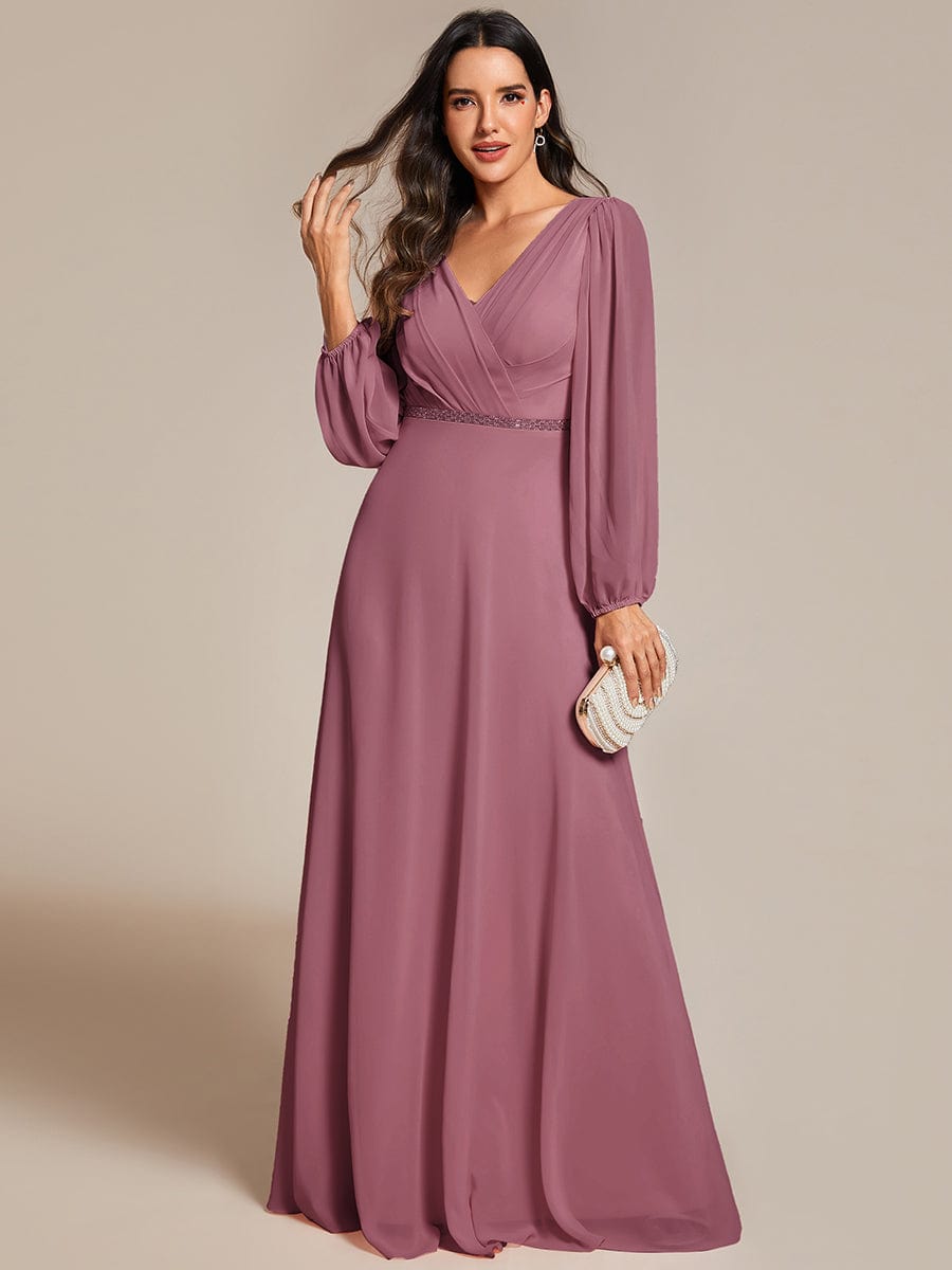 Pleated Double V-Neck Long Sleeves Shiny Belt Chiffon Evening Dress #color_Purple Orchid