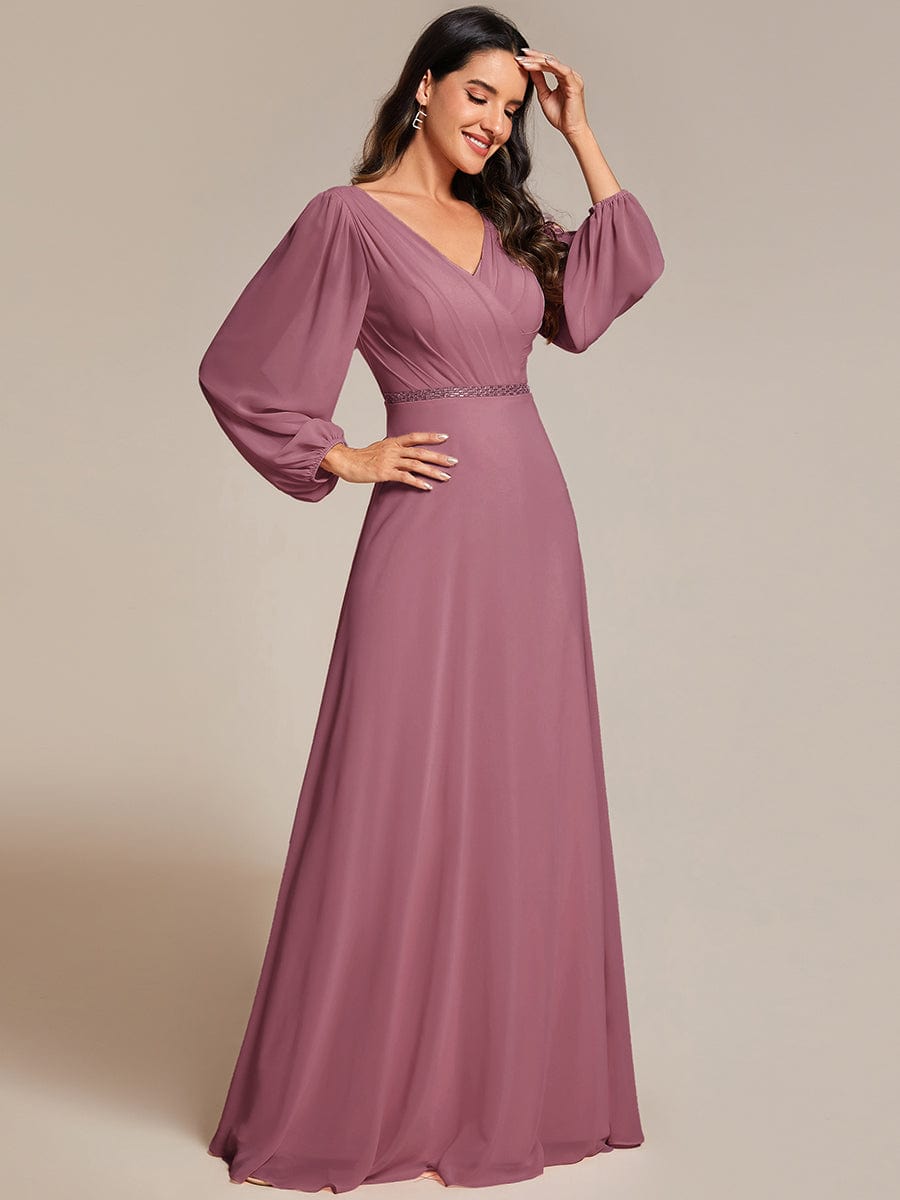 Pleated Double V-Neck Long Sleeves Shiny Belt Chiffon Evening Dress #color_Purple Orchid