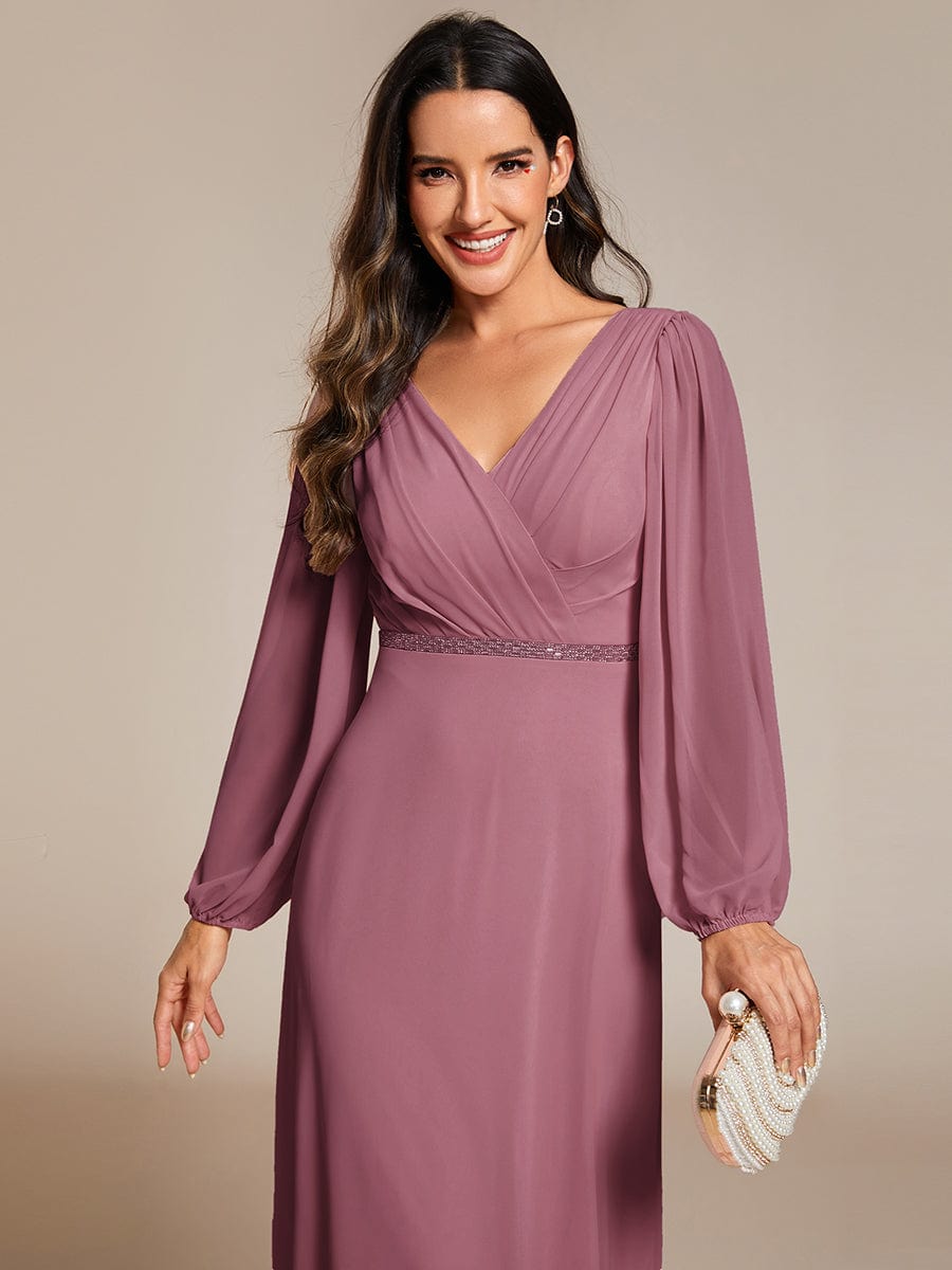 Pleated Double V-Neck Long Sleeves Shiny Belt Chiffon Evening Dress #color_Purple Orchid