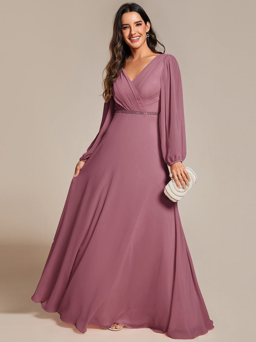 Pleated Double V-Neck Long Sleeves Shiny Belt Chiffon Evening Dress #color_Purple Orchid