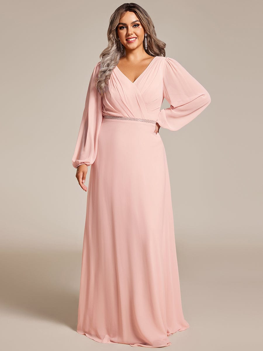 Pleated Double V-Neck Long Sleeves Shiny Belt Chiffon Evening Dress #color_Pink