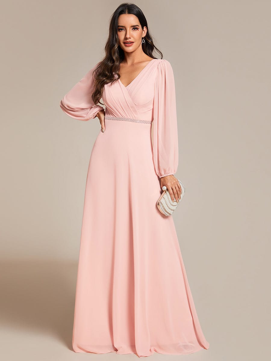 Pleated Double V-Neck Long Sleeves Shiny Belt Chiffon Evening Dress #color_Pink