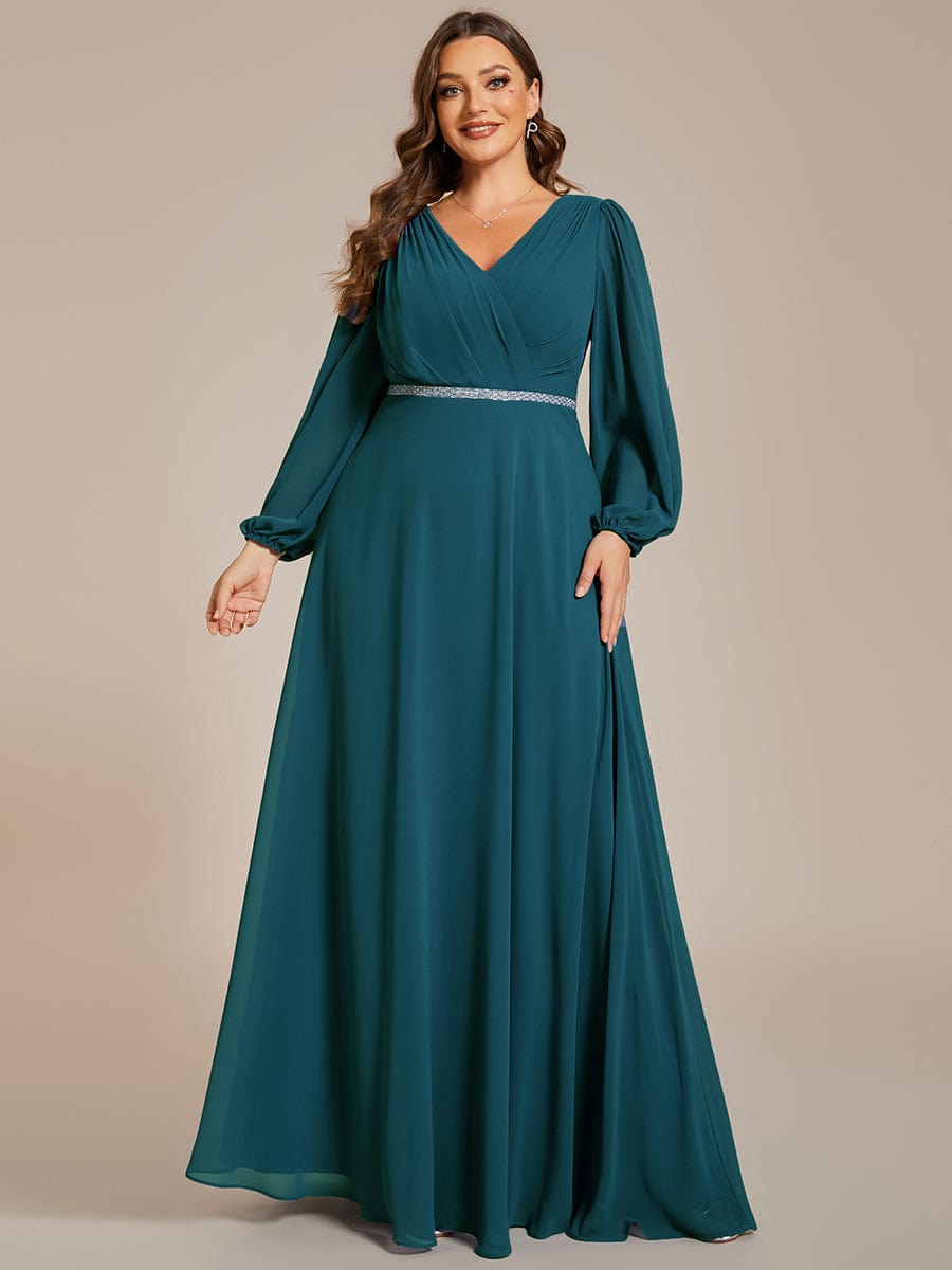 Plus Size A-Line V-Neck See-Through Long Sleeves Shiny Belt Chiffon Evening Dress #color_Teal