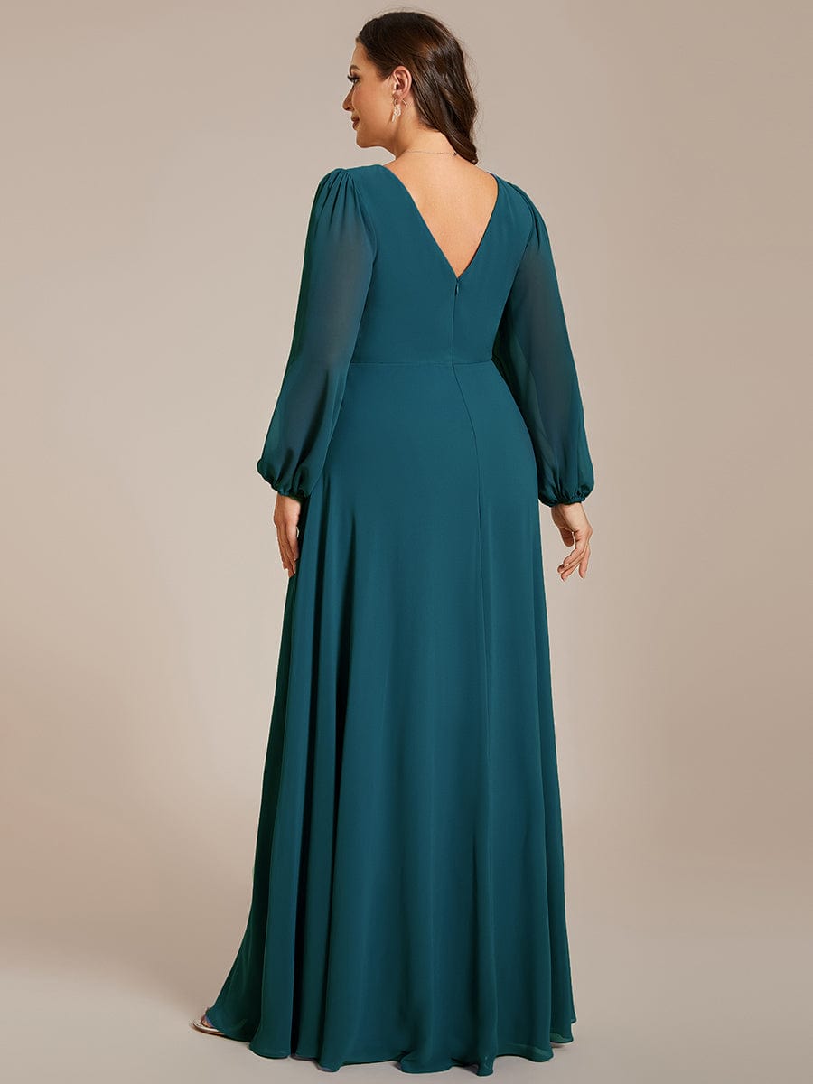 Pleated Double V-Neck Long Sleeves Shiny Belt Chiffon Evening Dress #color_Teal