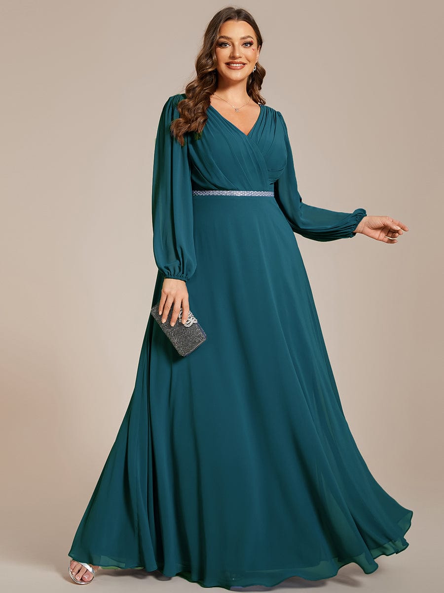 Pleated Double V-Neck Long Sleeves Shiny Belt Chiffon Evening Dress #color_Teal