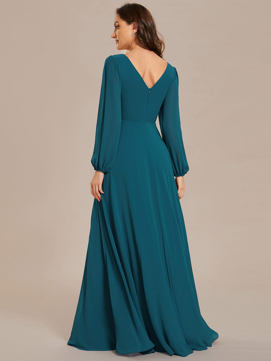 Pleated Double V-Neck Long Sleeves Shiny Belt Chiffon Evening Dress #color_Teal