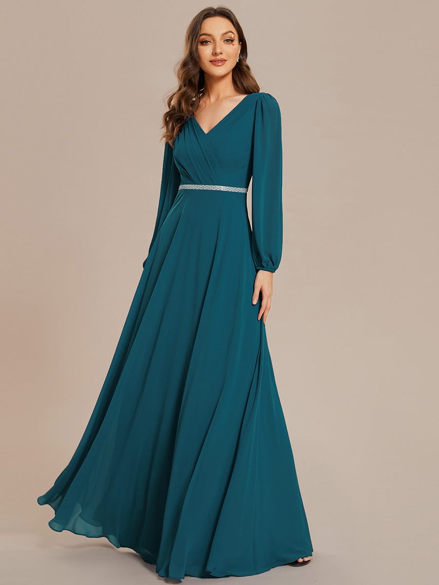 Pleated Double V-Neck Long Sleeves Shiny Belt Chiffon Evening Dress #color_Teal