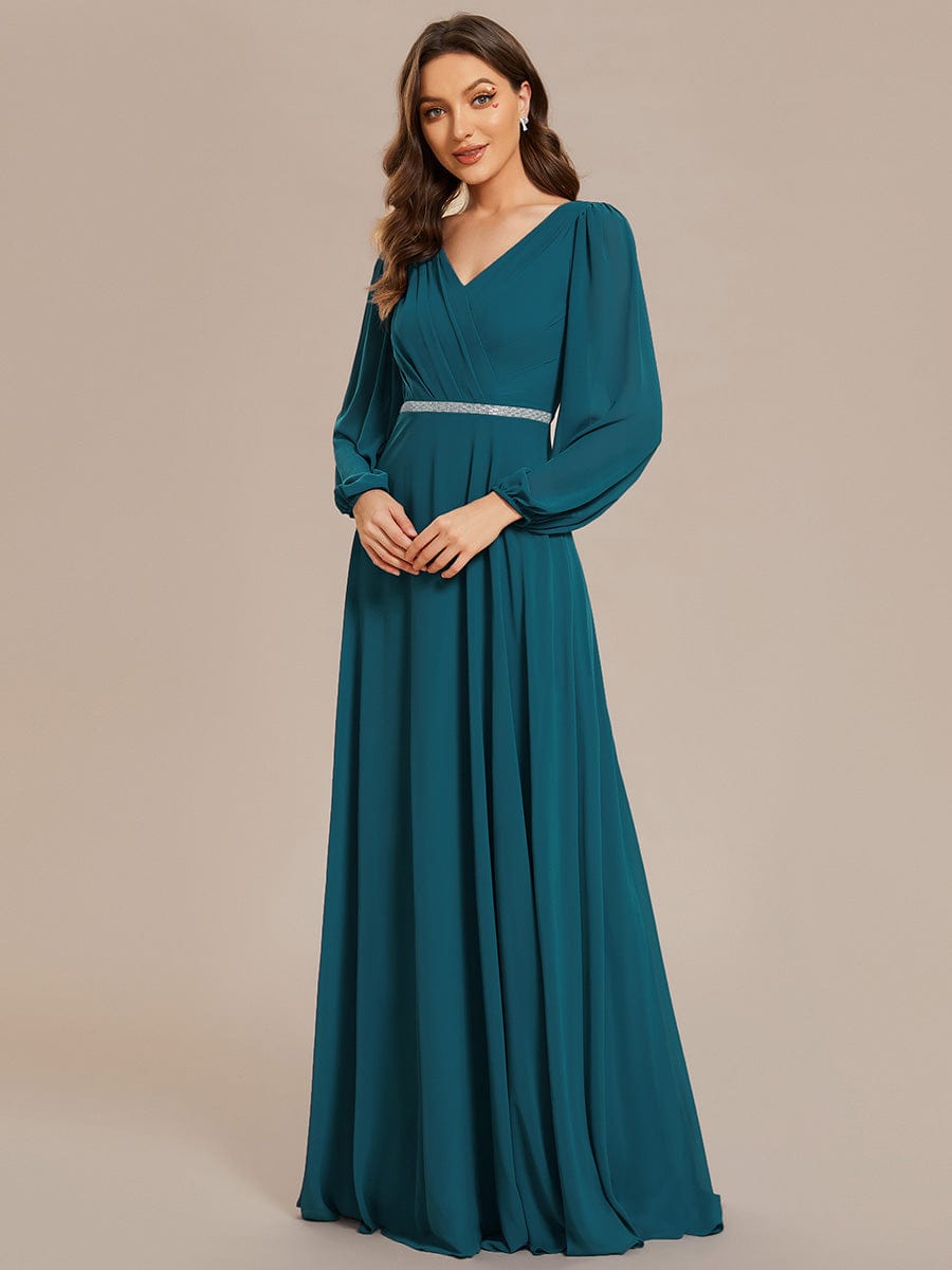 Pleated Double V-Neck Long Sleeves Shiny Belt Chiffon Evening Dress #color_Teal