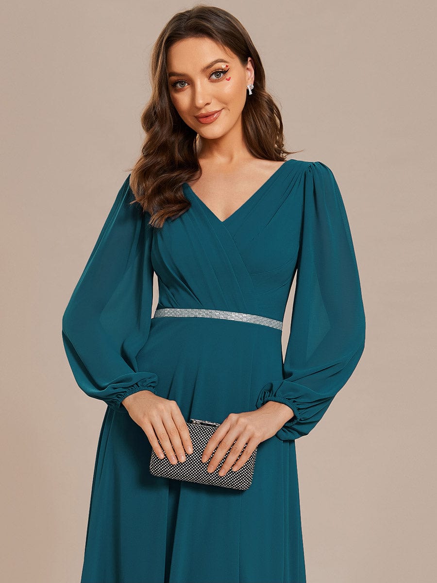 Pleated Double V-Neck Long Sleeves Shiny Belt Chiffon Evening Dress #color_Teal