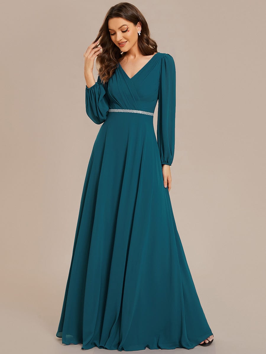 Pleated Double V-Neck Long Sleeves Shiny Belt Chiffon Evening Dress #color_Teal