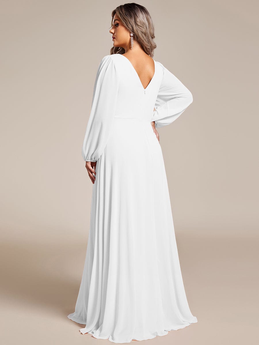 Pleated Double V-Neck Long Sleeves Shiny Belt Chiffon Evening Dress #color_White