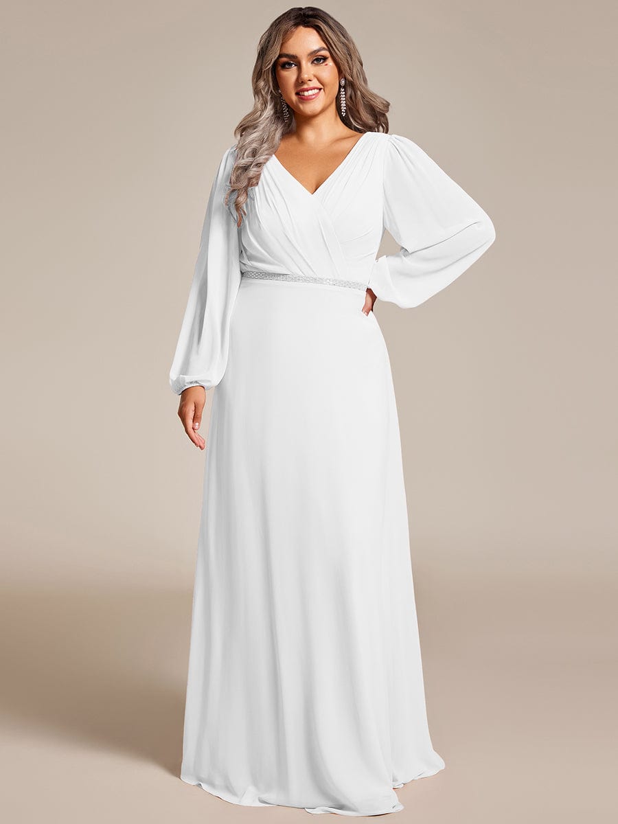 Pleated Double V-Neck Long Sleeves Shiny Belt Chiffon Evening Dress #color_White