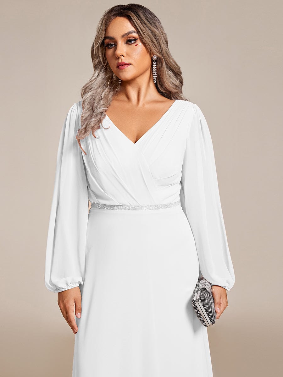 Pleated Double V-Neck Long Sleeves Shiny Belt Chiffon Evening Dress #color_White