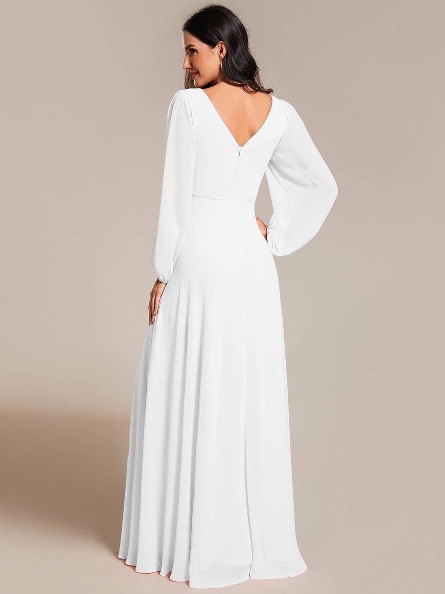 Pleated Double V-Neck Long Sleeves Shiny Belt Chiffon Evening Dress #color_White