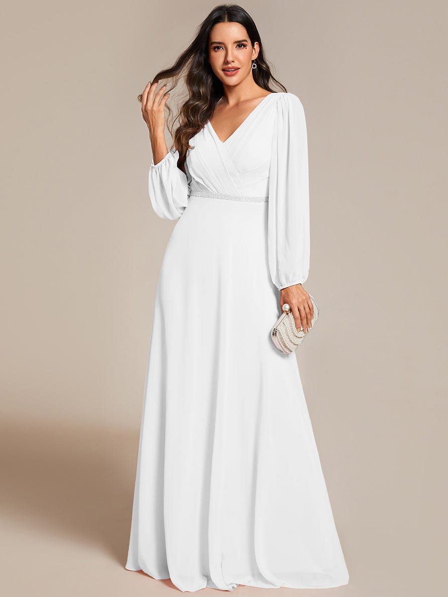 Pleated Double V-Neck Long Sleeves Shiny Belt Chiffon Evening Dress #color_White