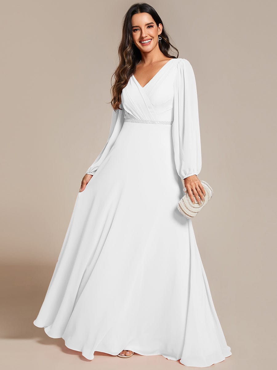 Pleated Double V-Neck Long Sleeves Shiny Belt Chiffon Evening Dress #color_White