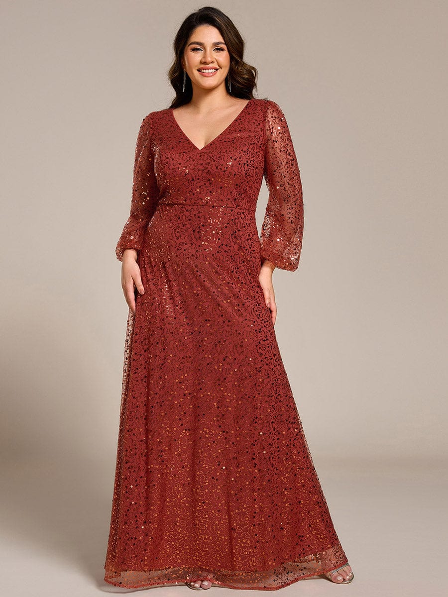 Shimmering All Over V-Neck Long Lantern Sleeve Sequin A-Line Evening Dress #color_Burnt Orange