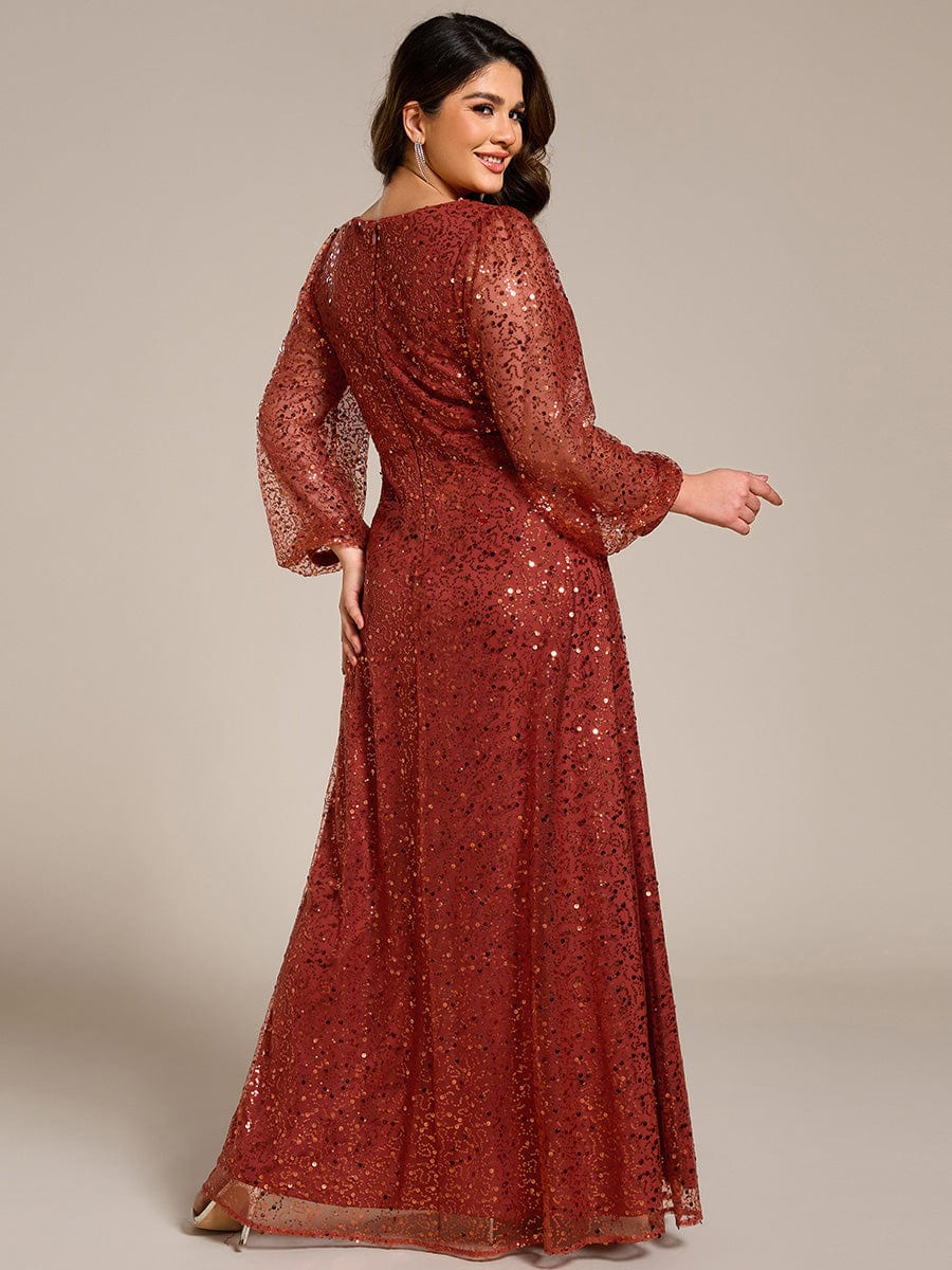 Shimmering All Over V-Neck Long Lantern Sleeve Sequin A-Line Evening Dress #color_Burnt Orange