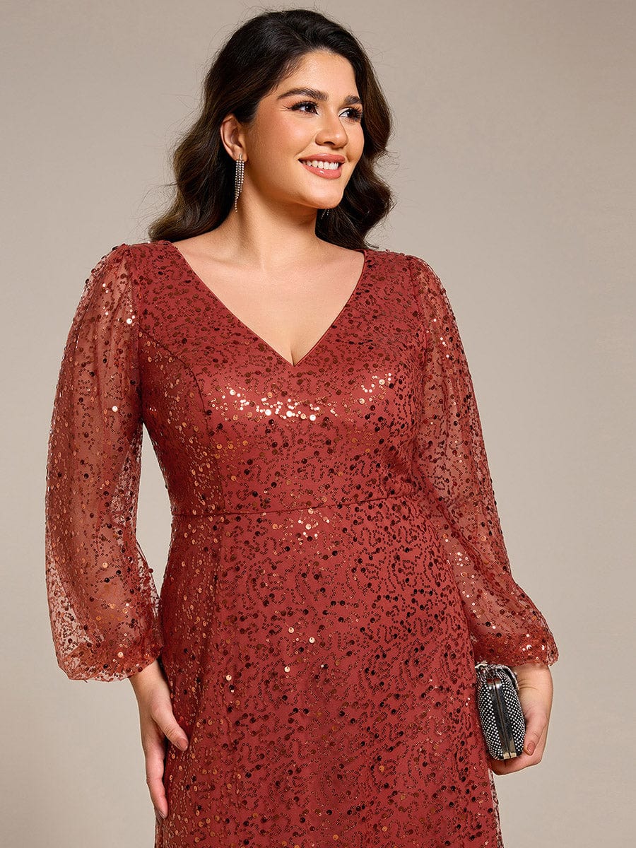 Shimmering All Over V-Neck Long Lantern Sleeve Sequin A-Line Evening Dress #color_Burnt Orange