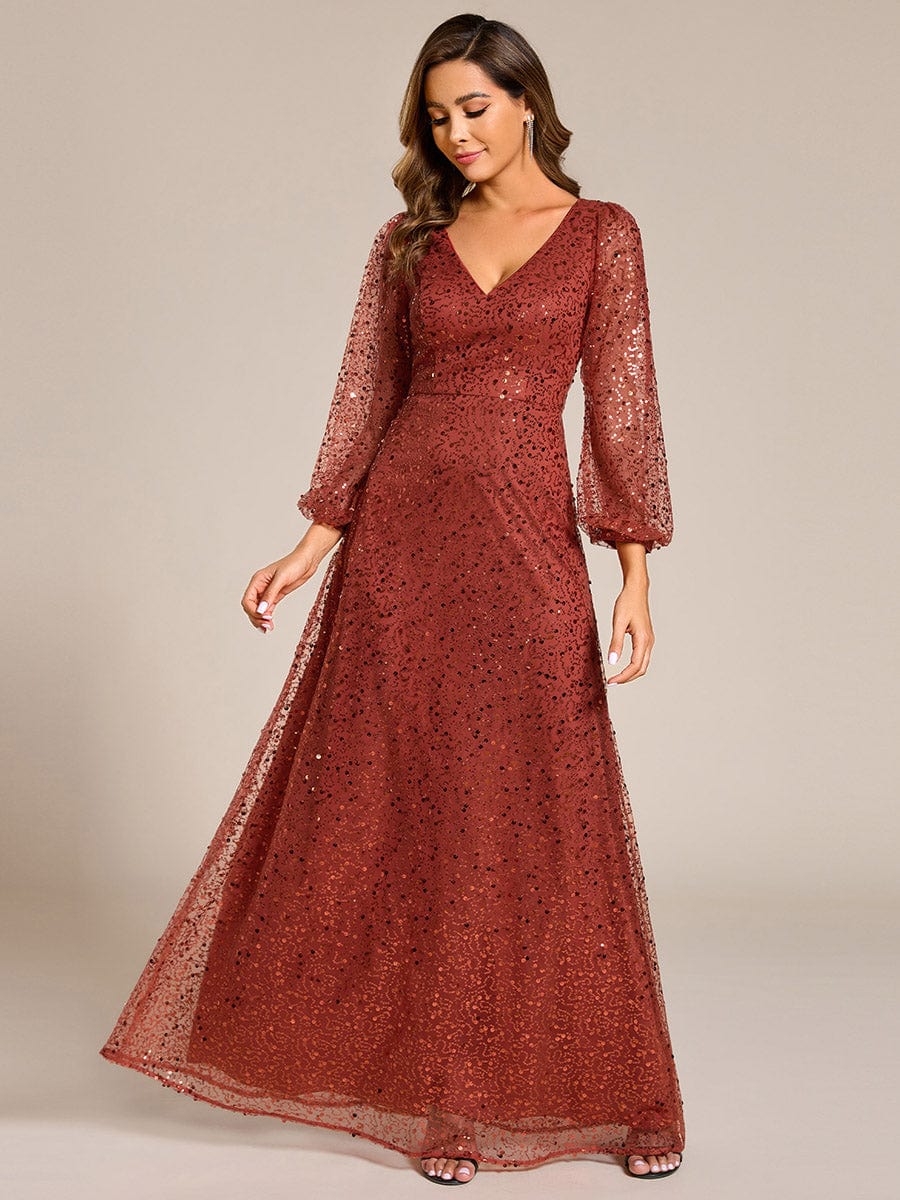 Shimmering All Over V-Neck Long Lantern Sleeve Sequin A-Line Evening Dress #color_Burnt Orange