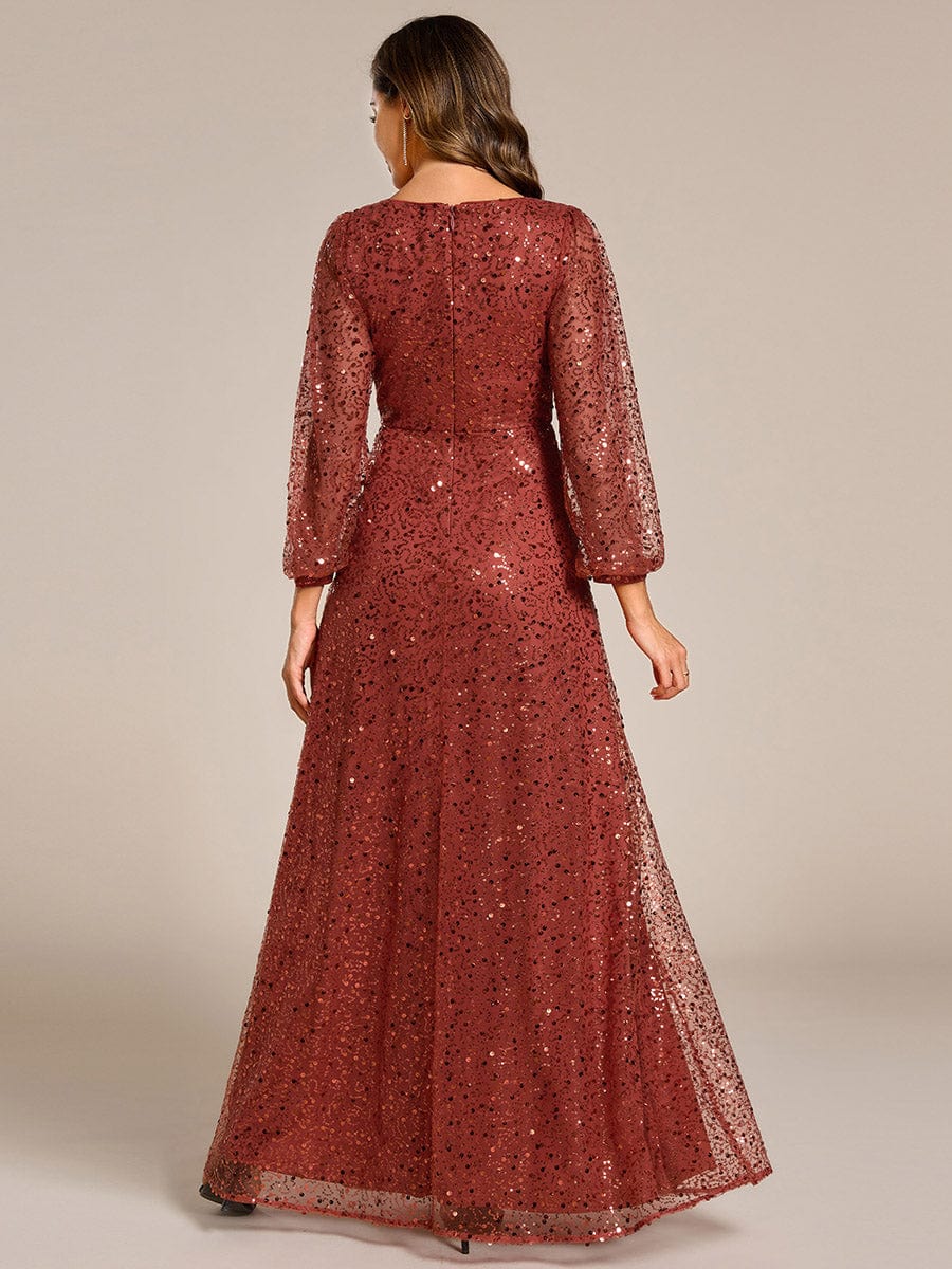 Shimmering All Over V-Neck Long Lantern Sleeve Sequin A-Line Evening Dress #color_Burnt Orange