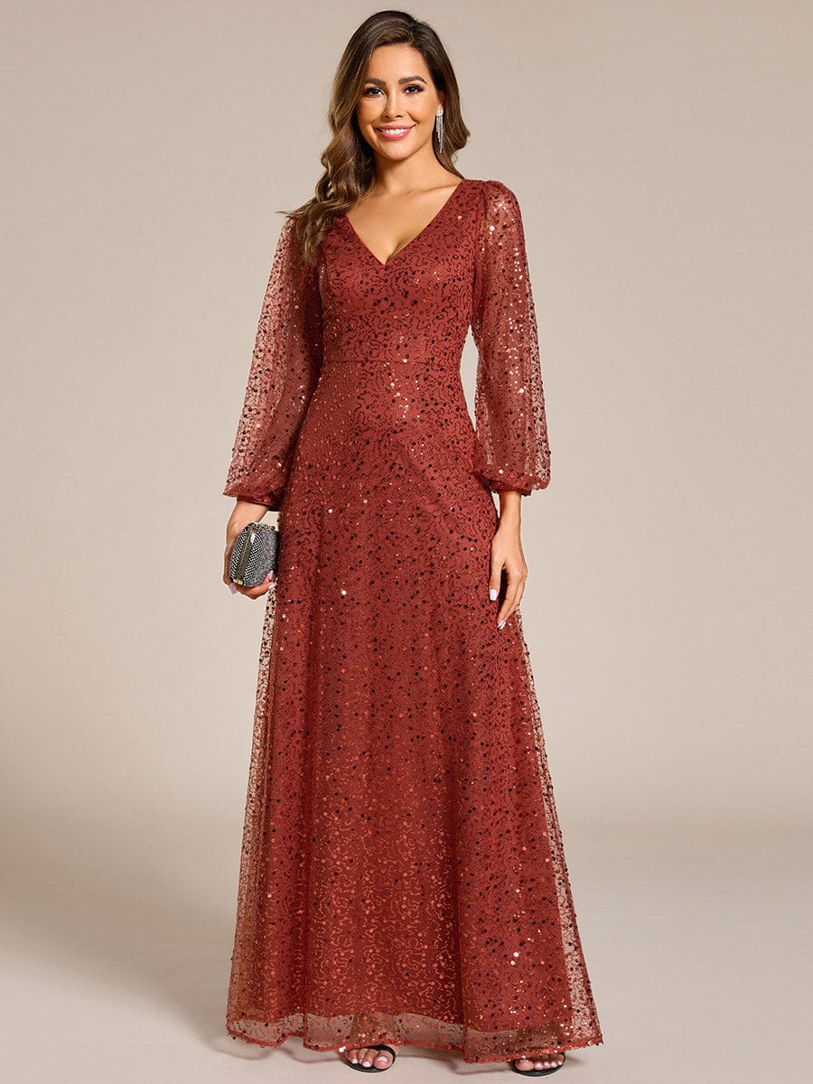 Shimmering All Over V-Neck Long Lantern Sleeve Sequin A-Line Evening Dress #color_Burnt Orange