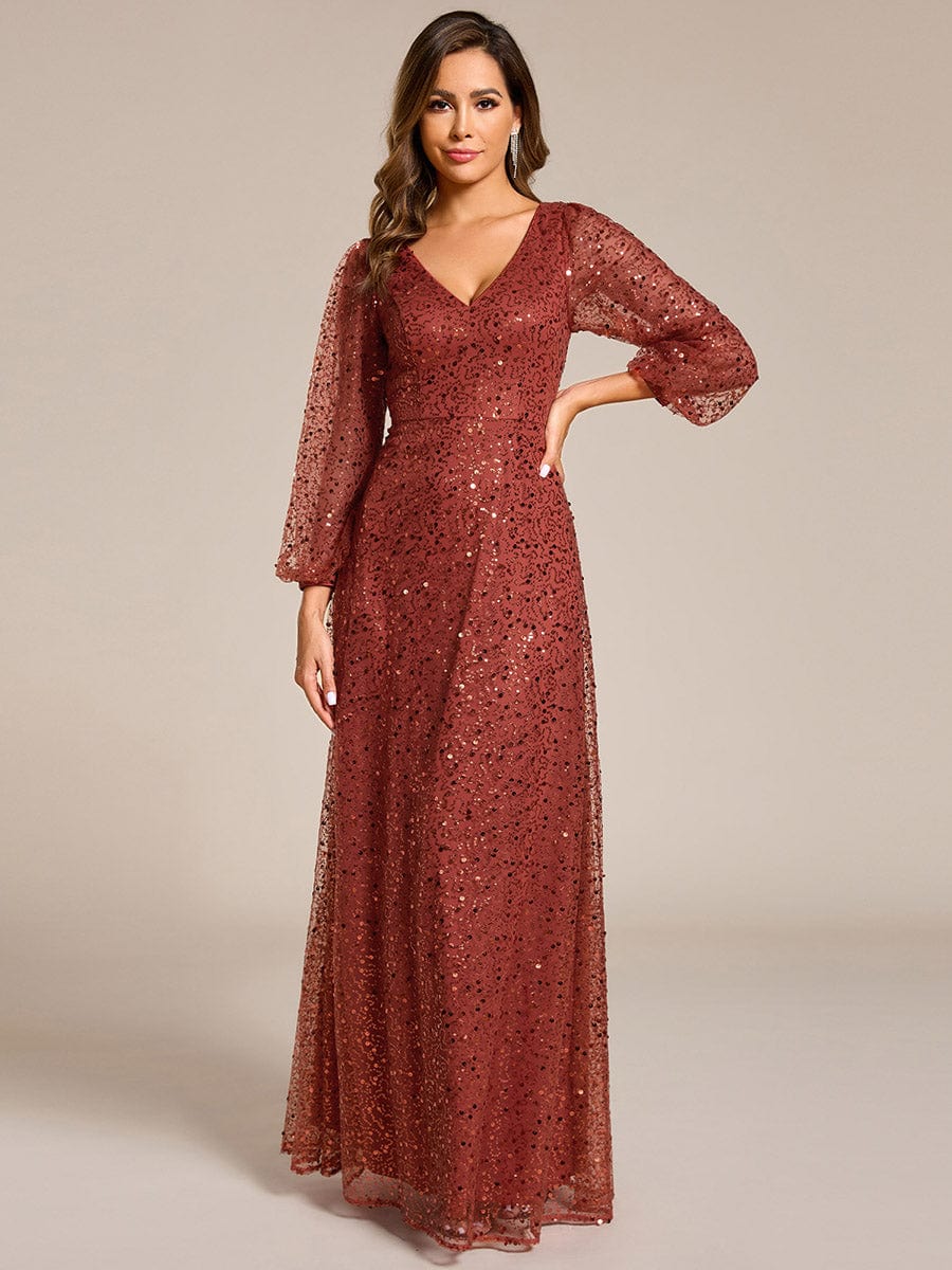 Shimmering All Over V-Neck Long Lantern Sleeve Sequin A-Line Evening Dress #color_Burnt Orange