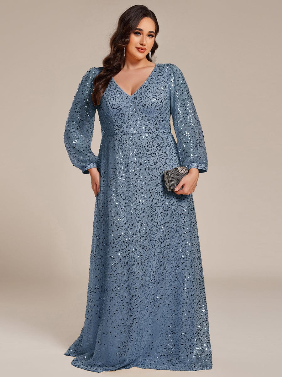 Shimmering All Over V-Neck Long Lantern Sleeve Sequin A-Line Evening Dress #color_Dusty Navy