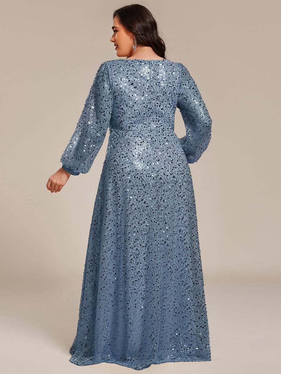 Shimmering All Over V-Neck Long Lantern Sleeve Sequin A-Line Evening Dress #color_Dusty Navy