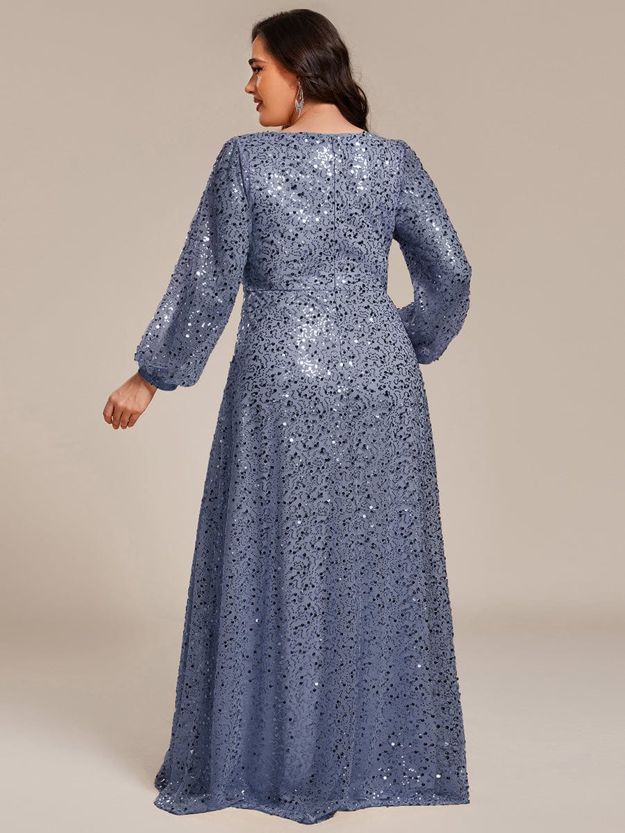 Shimmering All Over V-Neck Long Lantern Sleeve Sequin A-Line Evening Dress #color_Dusty Blue