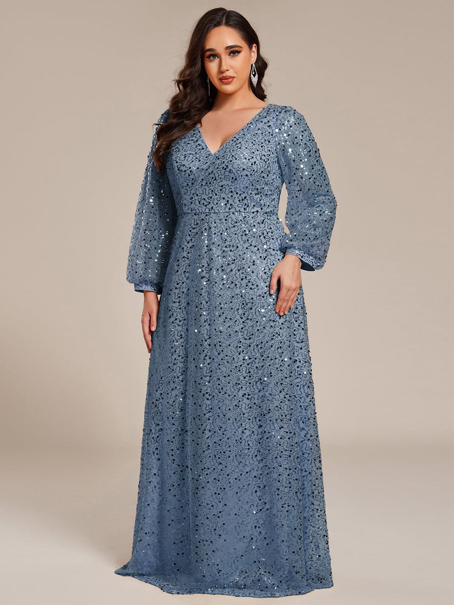 Shimmering All Over V-Neck Long Lantern Sleeve Sequin A-Line Evening Dress #color_Dusty Navy