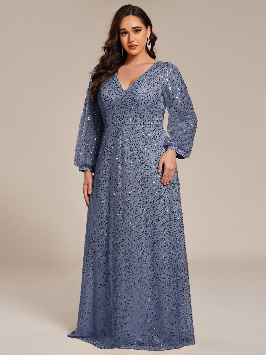 Plus Size V-Neck Lantern Long Sleeve Sequin A-Line Evening Dress #color_Dusty Blue