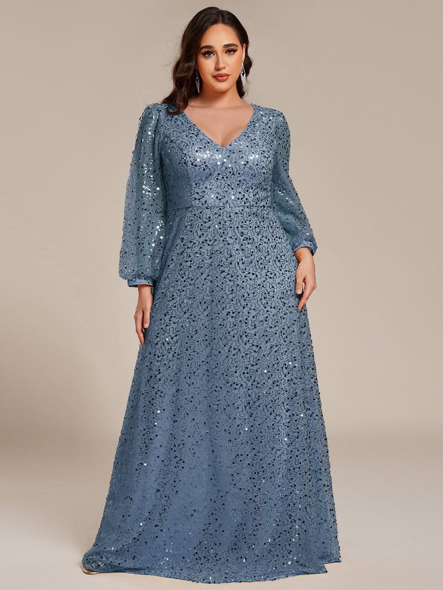 Shimmering All Over V-Neck Long Lantern Sleeve Sequin A-Line Evening Dress #color_Dusty Navy